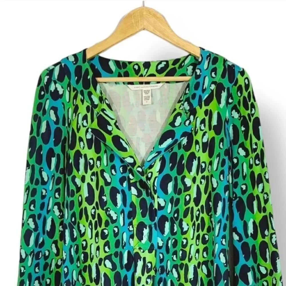 Vintage Y2K Diane Von Furstenberg 100% Silk Gaby Green Leopard Dress Size 6 - Picture 4 of 13